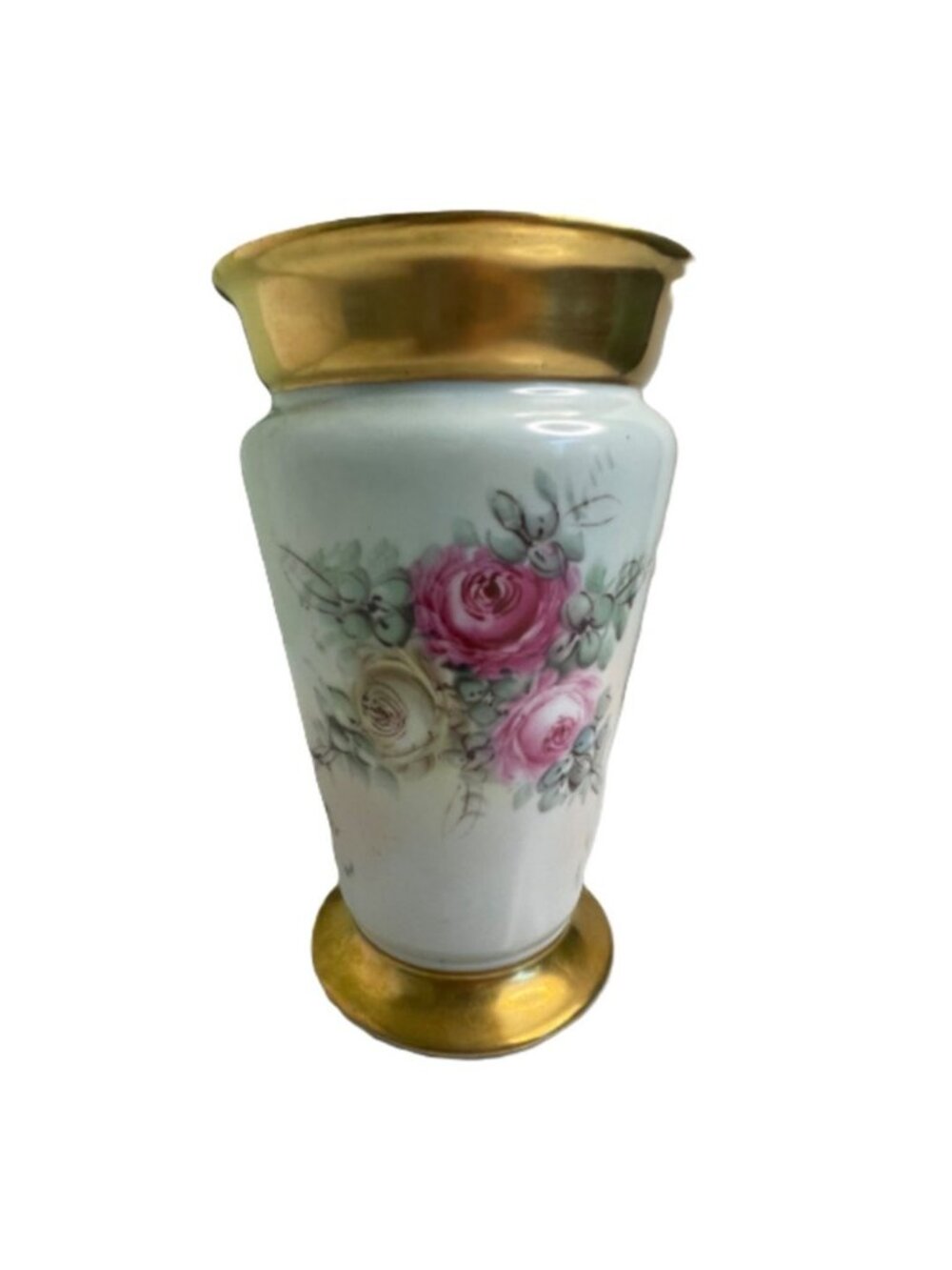 Vintage Dumler D&B Germany Hand Painted Porcelain Rose Vase Gold Gilt Trim 7"